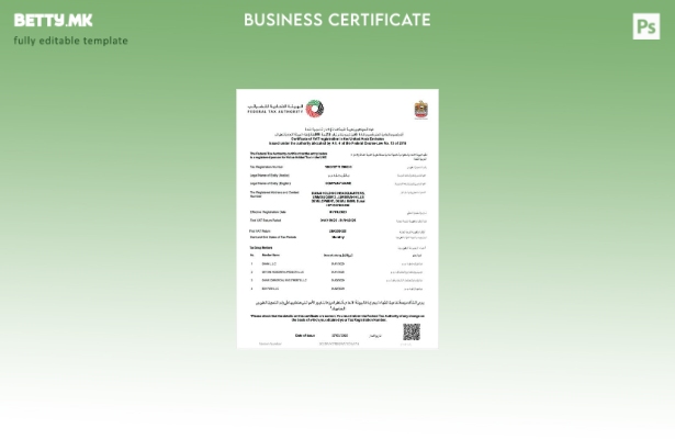 Модерен стил ОАЕ сертификат за регистрација на ДДВ Шаблон за Word и PDF